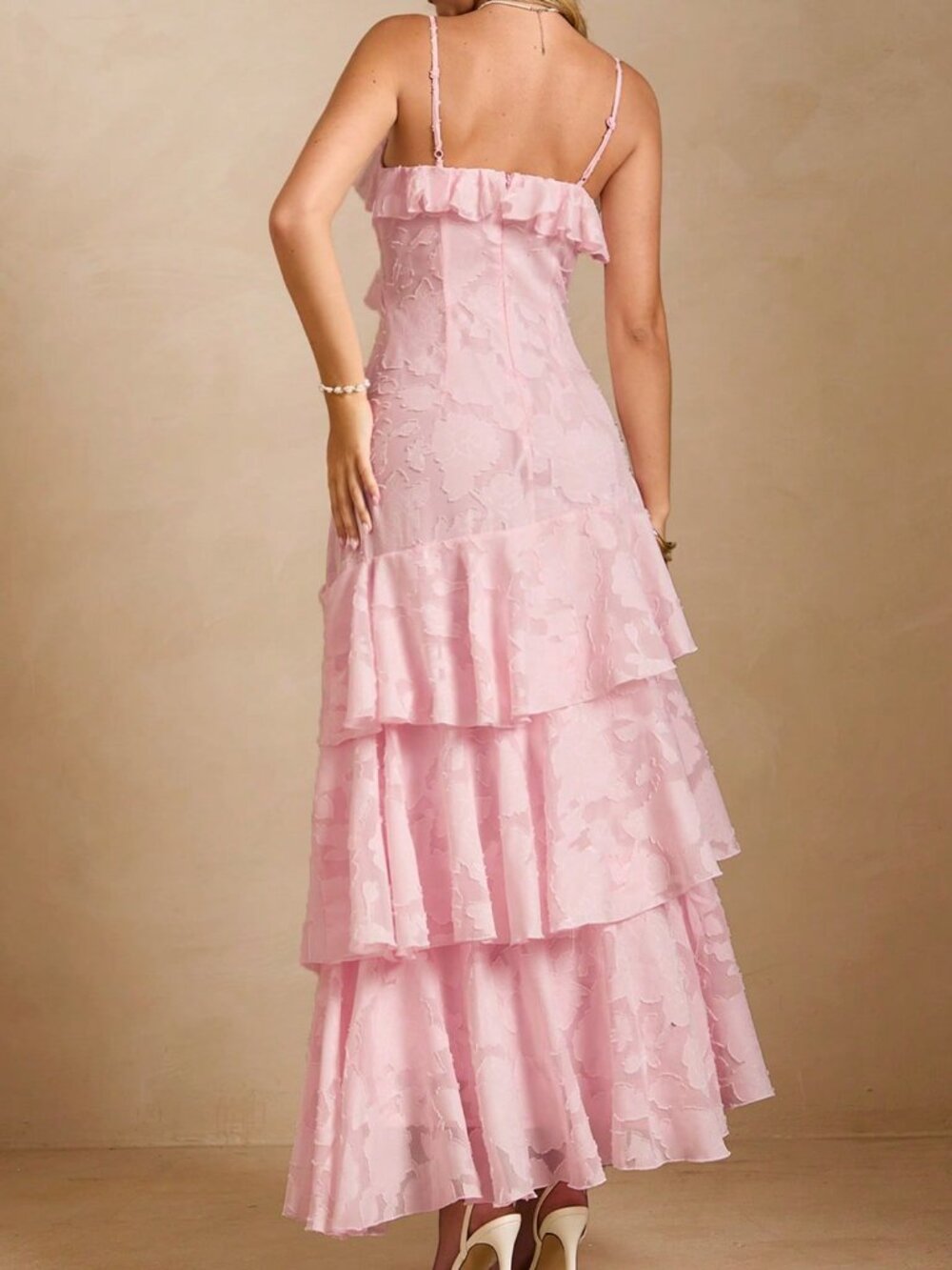Pink Elegant Women's Romantic Cutout Patchwork Ruffle Slip Dress - Picture 2 of 7